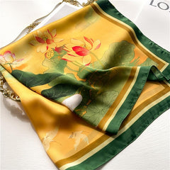 Chinese Style Print Silk Scarf - Lotus Pattern Square Scarf for Women