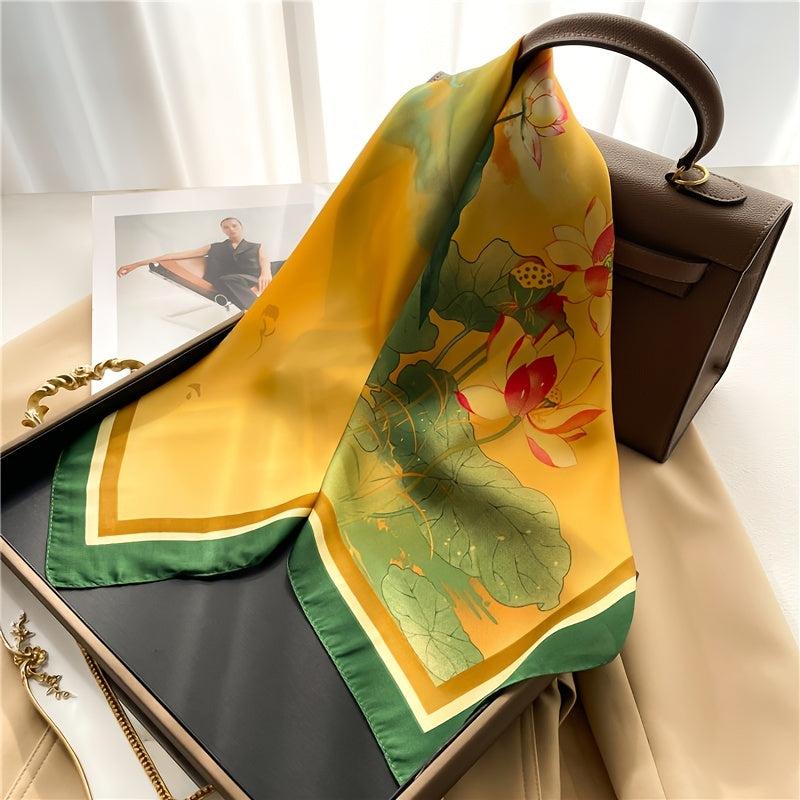 Chinese Style Print Silk Scarf - Lotus Pattern Square Scarf for Women