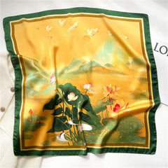 Chinese Style Print Silk Scarf - Lotus Pattern Square Scarf for Women