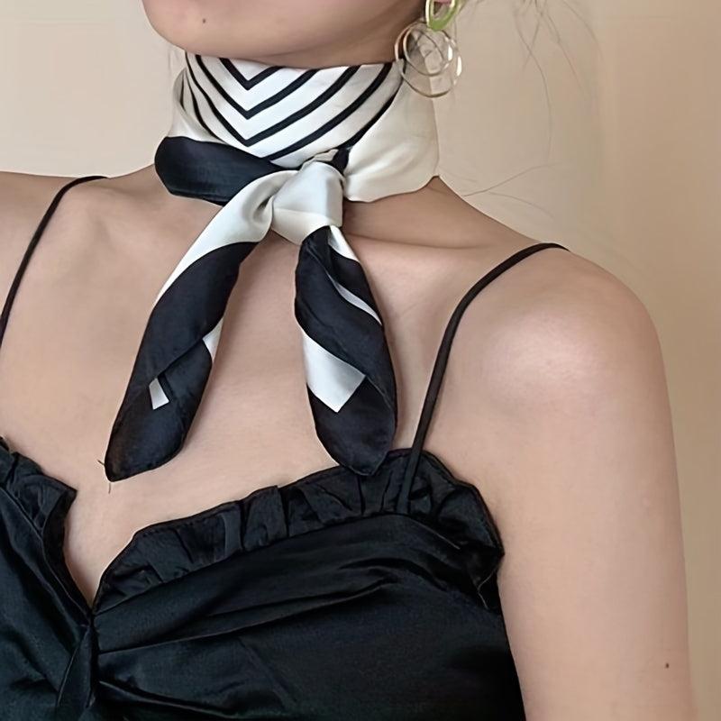 Square Scarf Block Striped Neckerchief Silk Bandana Women Casual Satin Head Wrap