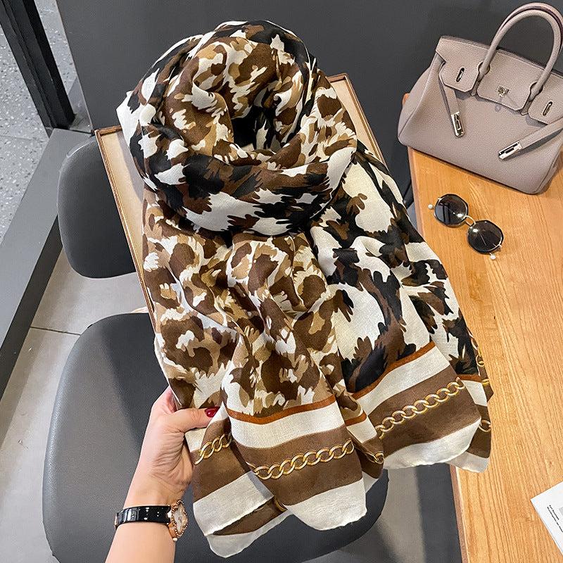 Leopard Print Scarf Vintage Gauze Shawl Head Wrap Beach Towel