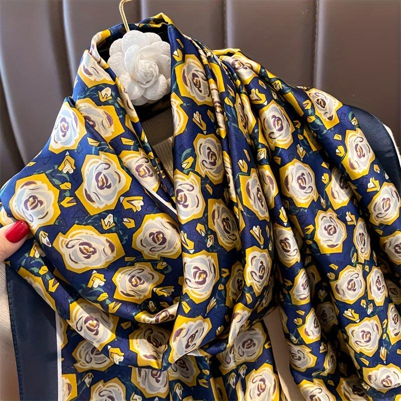 Satin Scarf Flower Printed Shawl Dress Versatile Wrap for Women