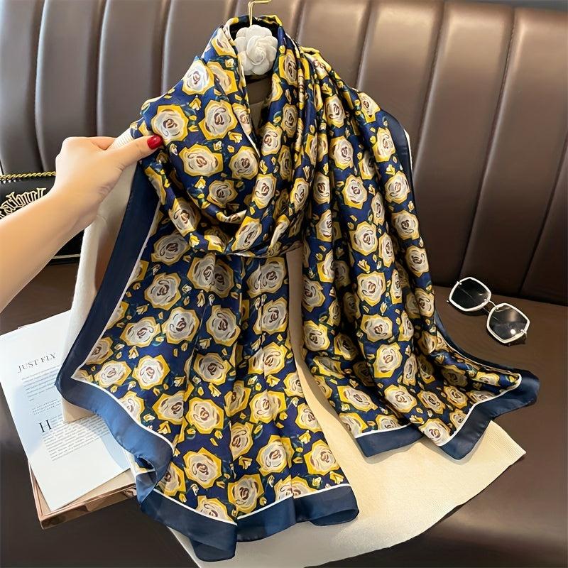 Satin Scarf Flower Printed Shawl Dress Versatile Wrap for Women