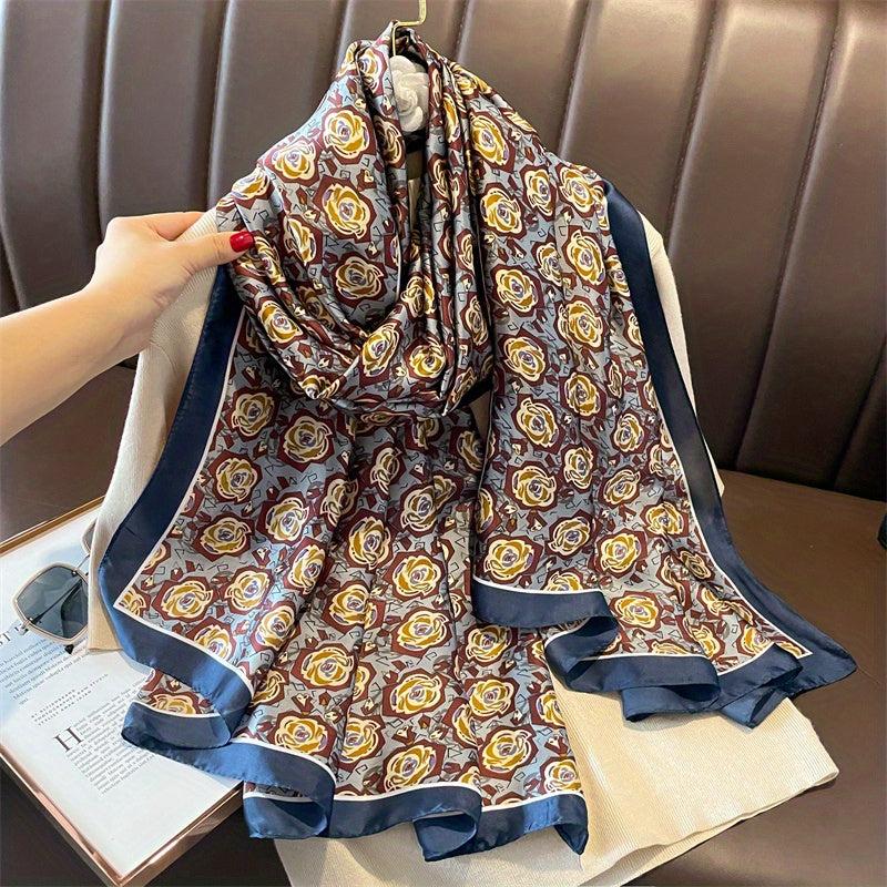 Satin Scarf Flower Printed Shawl Dress Versatile Wrap for Women