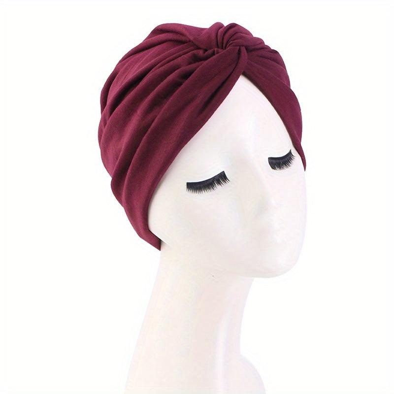 Wine Red Cross Knotted Bandana Women Turban Cap Ramadan Headwrap