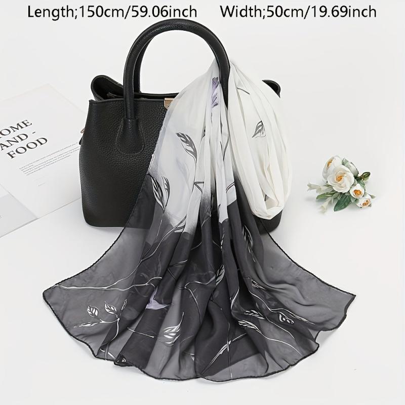 Vintage Leaf Print Chiffon Scarf Gradient Block Shawl
