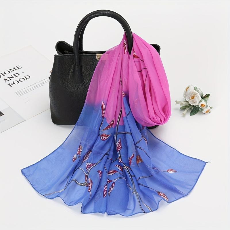 Vintage Leaf Print Chiffon Scarf Gradient Block Shawl