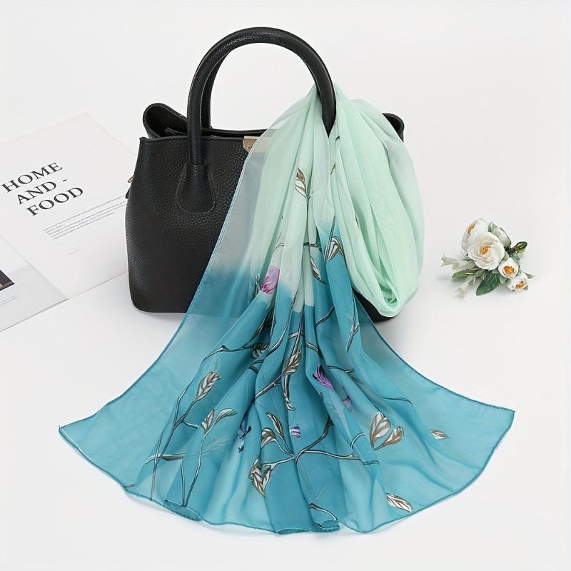 Vintage Leaf Print Chiffon Scarf Gradient Block Shawl