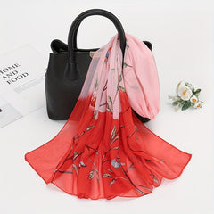 Vintage Leaf Print Chiffon Scarf Gradient Block Shawl