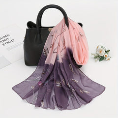 Vintage Leaf Print Chiffon Scarf Gradient Block Shawl