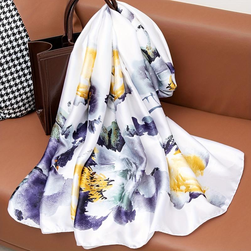 Vintage Peony Flower Print Scarf Satin Shawl Silk Windproof Head Wrap Turban