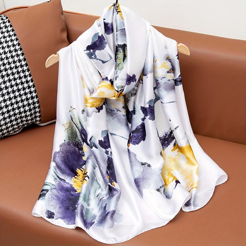 Vintage Peony Flower Print Scarf Satin Shawl Silk Windproof Head Wrap Turban