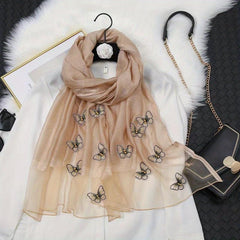 Butterfly Embroidery Scarf Thin Shawl Women Solid Sunscreen Headwrap