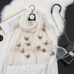 Butterfly Embroidery Scarf Thin Shawl Women Solid Sunscreen Headwrap