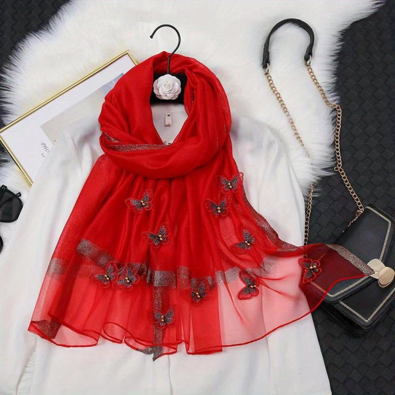 Butterfly Embroidery Scarf Thin Shawl Women Solid Sunscreen Headwrap