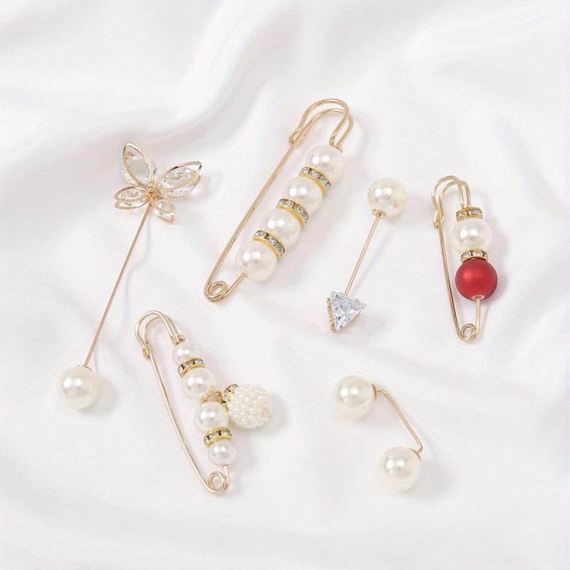 6pcs Safety Waistband Pins Pearl Rhinestone Silk Scarf Buckle