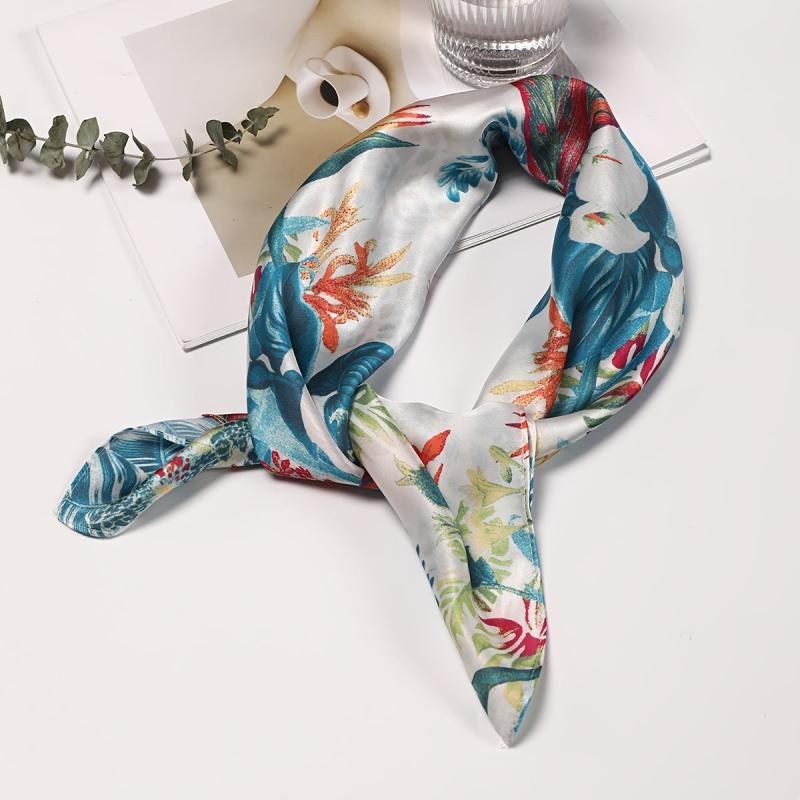 Women's Botanical Floral Print Satin Square Scarf