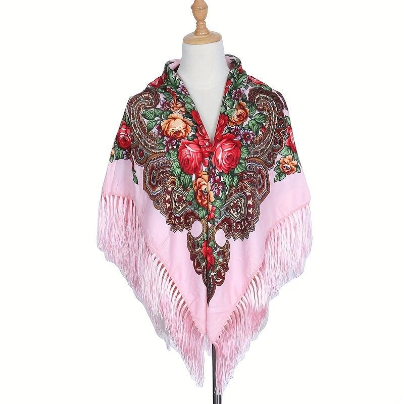 Boho Square Scarf Tassel Flower Print Shawl Vintage Cape Women's Cardigan