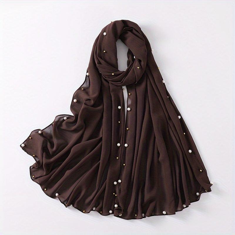 Chiffon Scarf Faux Pearl Rhinestone Hijab Solid Shawl Head Wrap Bandana