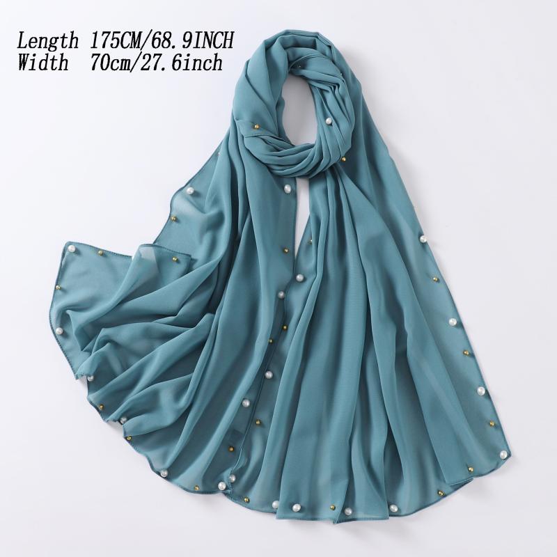 Chiffon Scarf Faux Pearl Rhinestone Hijab Solid Shawl Head Wrap Bandana