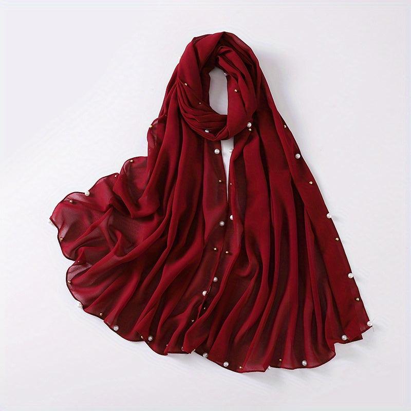 Chiffon Scarf Faux Pearl Rhinestone Hijab Solid Shawl Head Wrap Bandana