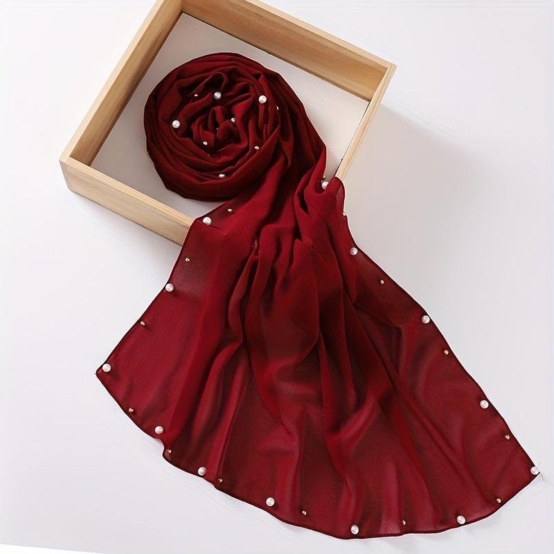 Chiffon Scarf Faux Pearl Rhinestone Hijab Solid Shawl Head Wrap Bandana