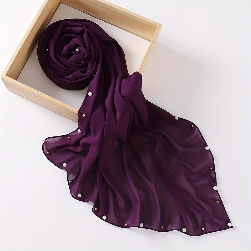 Chiffon Scarf Faux Pearl Rhinestone Hijab Solid Shawl Head Wrap Bandana