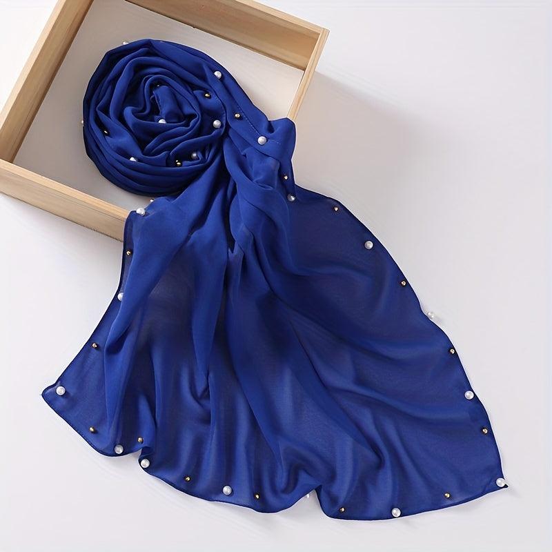 Chiffon Scarf Faux Pearl Rhinestone Hijab Solid Shawl Head Wrap Bandana