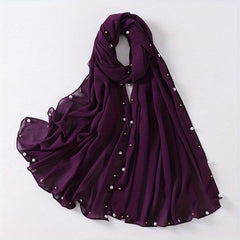 Chiffon Scarf Faux Pearl Rhinestone Hijab Solid Shawl Head Wrap Bandana