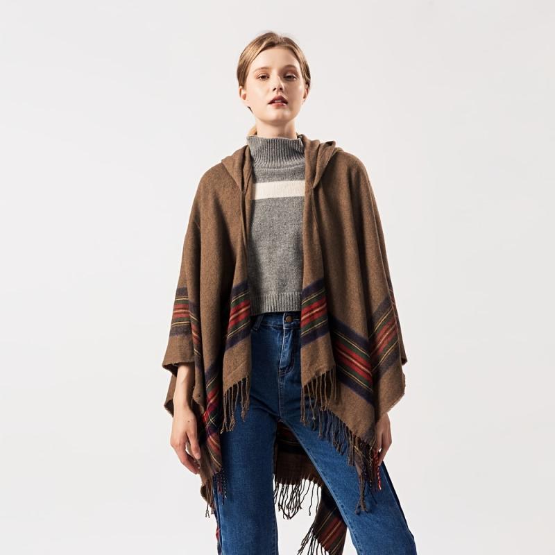 Vintage Jacquard Shawl Hooded Cloak Tassel Cape Womens Wrap Cardigan