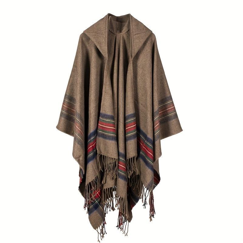 Vintage Jacquard Shawl Hooded Cloak Tassel Cape Womens Wrap Cardigan