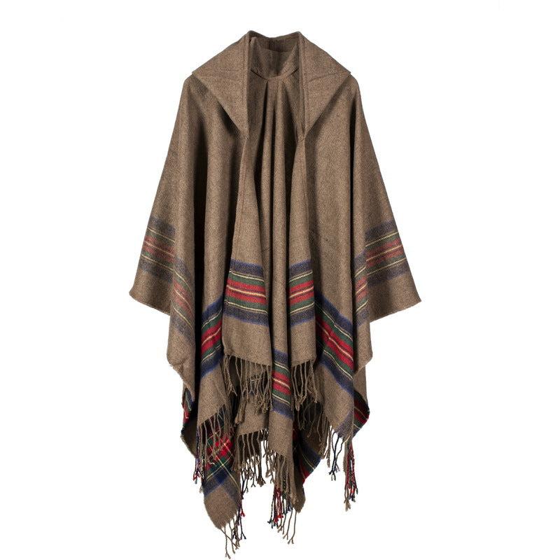Vintage Jacquard Shawl Hooded Cloak Tassel Cape Womens Wrap Cardigan