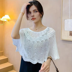 Ruffles Hollow Knitted Shawl Casual Solid Wrap Cape Women Dress Accessories