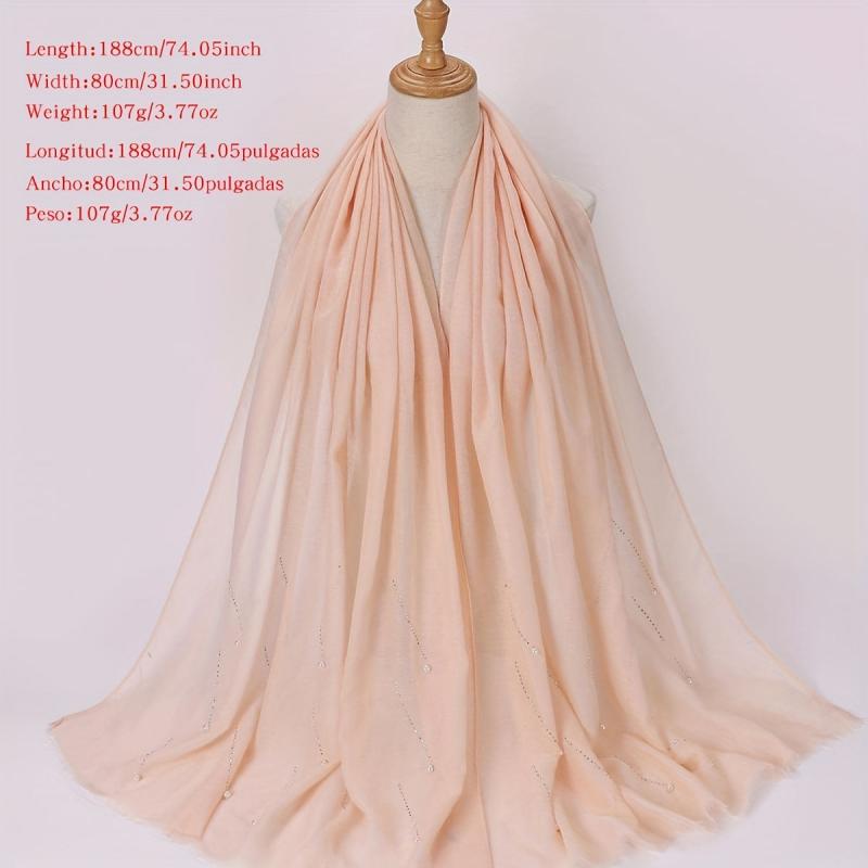 Rhinestone Faux Pearl Decor Scarf Hijab Solid Frayed Edge Shawl
