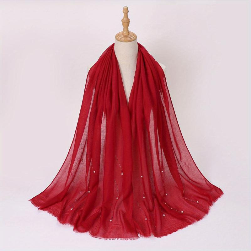 Rhinestone Faux Pearl Decor Scarf Hijab Solid Frayed Edge Shawl