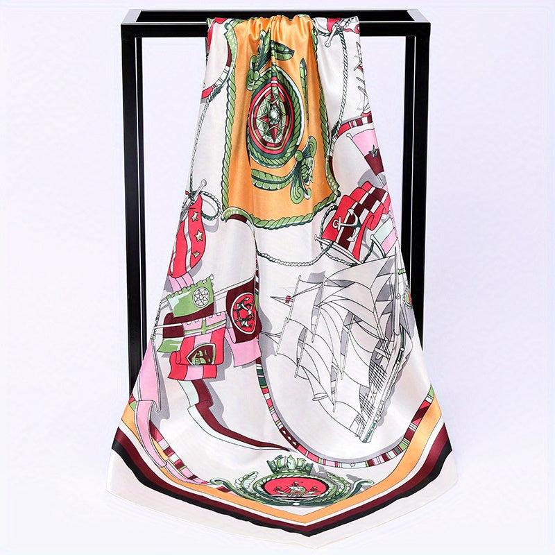 Sailboat Print Silk Square Scarf Windproof Head Wrap Sunscreen Travel Towel