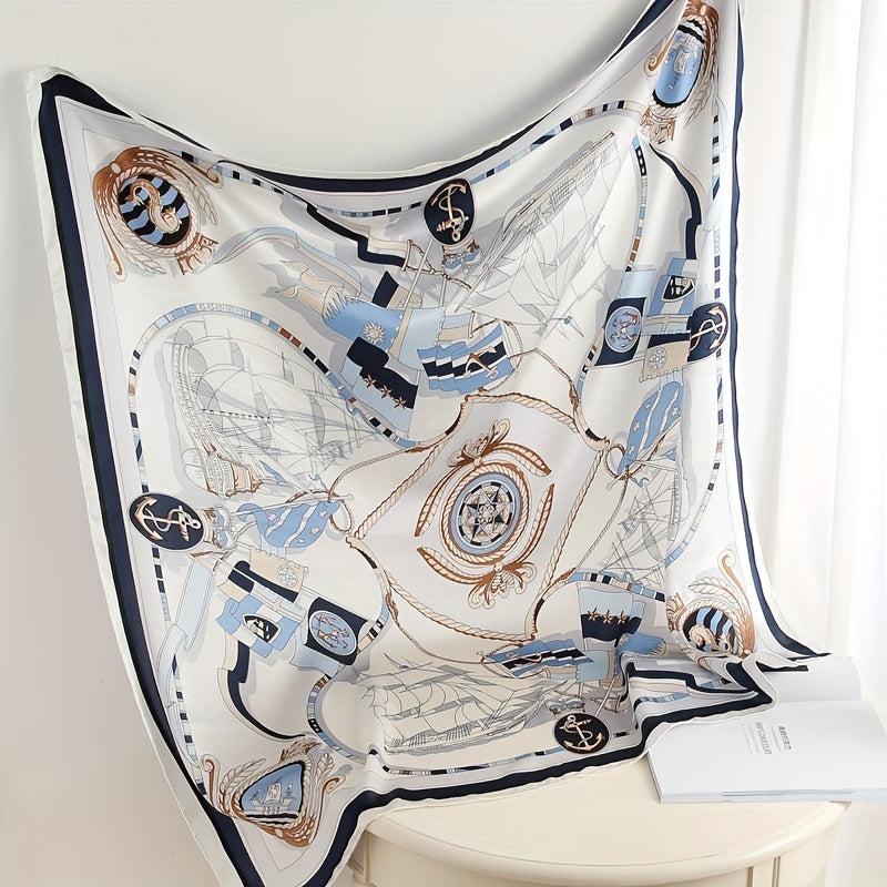Sailboat Print Silk Square Scarf Windproof Head Wrap Sunscreen Travel Towel