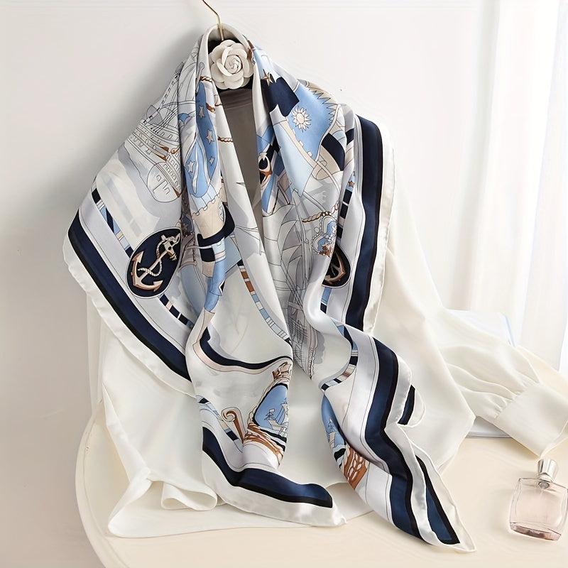 Sailboat Print Silk Square Scarf Windproof Head Wrap Sunscreen Travel Towel
