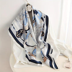 Sailboat Print Silk Square Scarf Windproof Head Wrap Sunscreen Travel Towel