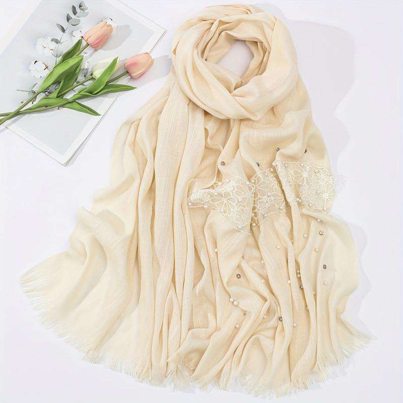 Fringed Lace Pearl Soft Shawl Sunscreen Wrap Casual Travel Scarf