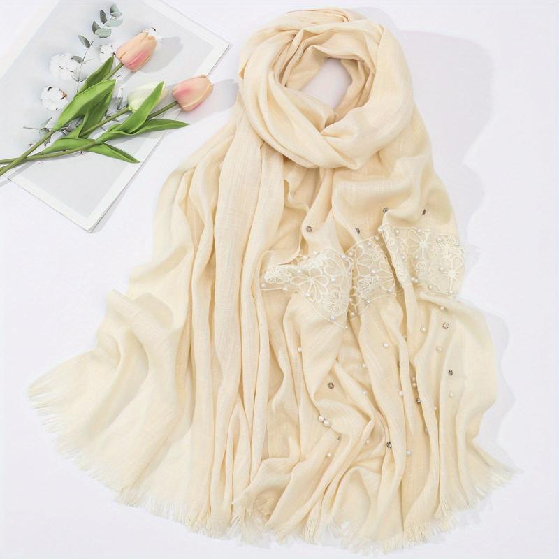 Fringed Lace Pearl Soft Shawl Sunscreen Wrap Casual Travel Scarf