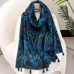 Hydrangea Flower Print Tassel Decor Scarf Casual Shawl Scarf Wrap