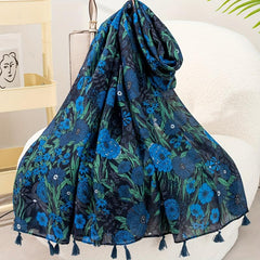 Hydrangea Flower Print Tassel Decor Scarf Casual Shawl Scarf Wrap