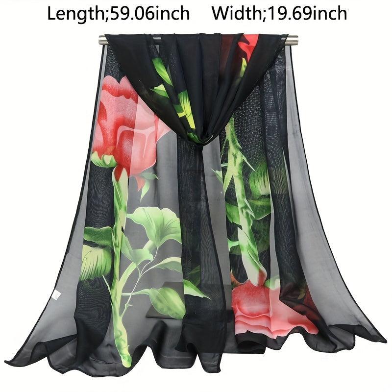 Rose Printed Chiffon Silky Scarf Long Shawl Beach Scarf