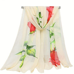 Rose Printed Chiffon Silky Scarf Long Shawl Beach Scarf