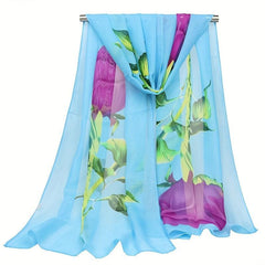 Rose Printed Chiffon Silky Scarf Long Shawl Beach Scarf