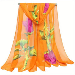 Rose Printed Chiffon Silky Scarf Long Shawl Beach Scarf