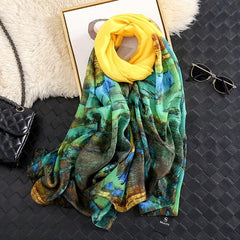 Yellow Green Gradient Chiffon Scarf Classic Landscape Print Beach Towel