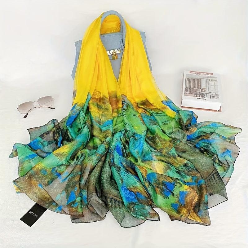 Yellow Green Gradient Chiffon Scarf Classic Landscape Print Beach Towel