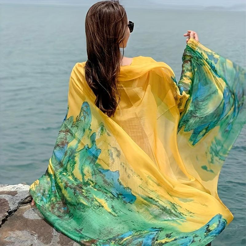 Yellow Green Gradient Chiffon Scarf Classic Landscape Print Beach Towel